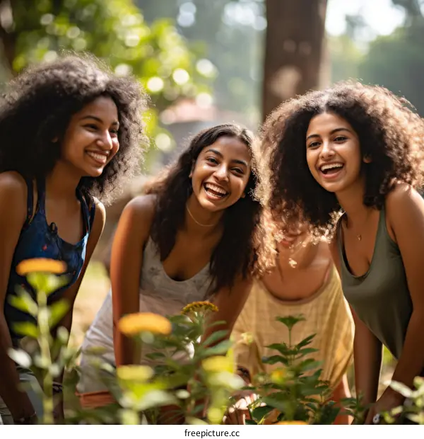 Four cheerful young Indian women with curly hair