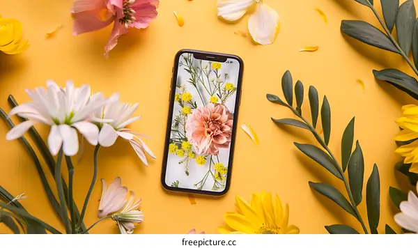 Flowers and a Smartphone on a Yellow Background