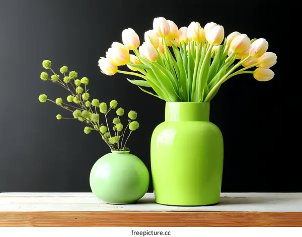 Spring Tulips in a Vibrant Green Vase