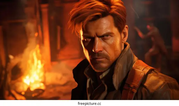 A man standing in front of a fire with a serious expression on his face