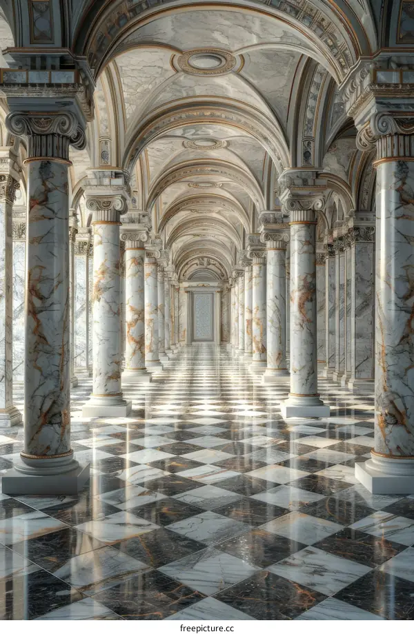 Grand Hallway with Marble Columns and Checkered Floor
