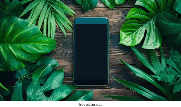 Black Smartphone on Wooden Background Surrounded by Green Leaves