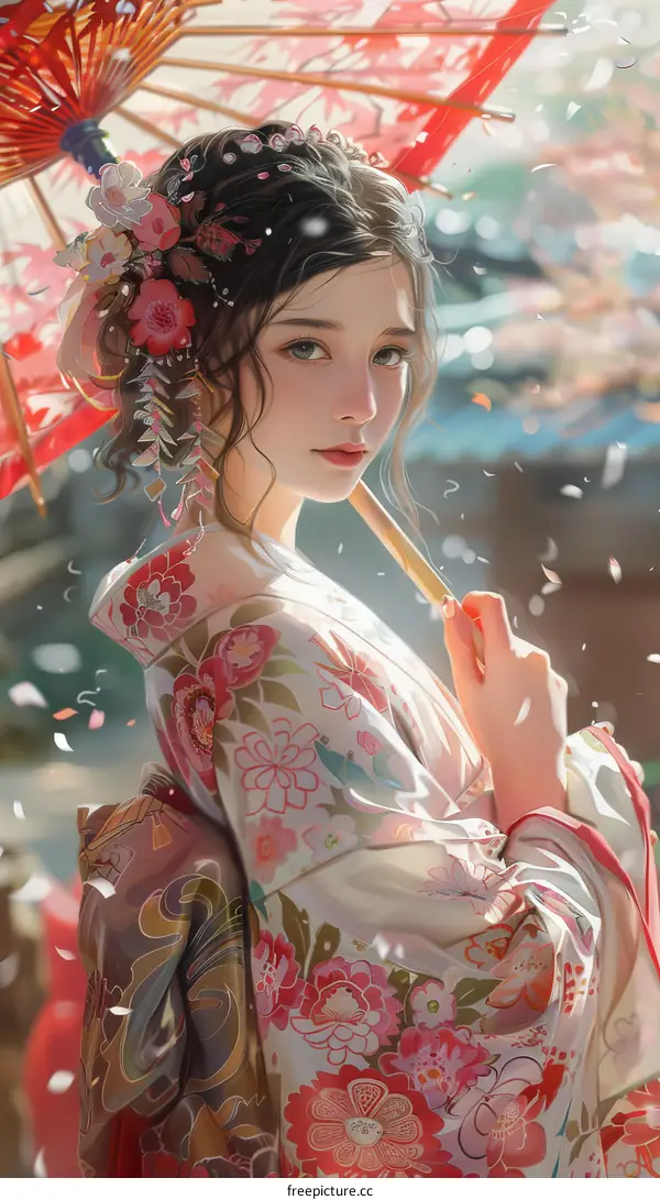 Beautiful Asian Woman in Kimono with Umbrella and Flowers