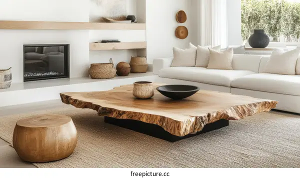 Modern Minimalist Living Room with Large Wooden Coffee Table