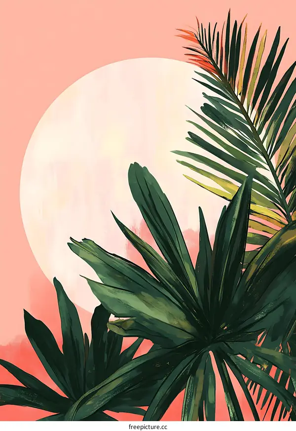 Tropical Palm Leaves Illustration With Pink Sunset Background