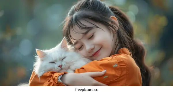 A young girl hugging a white cat