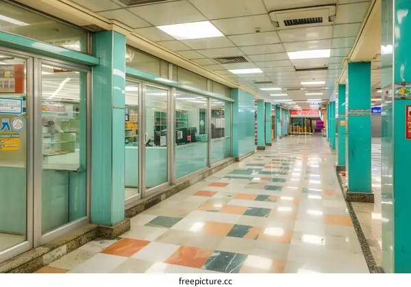 Empty Corridor With Turquoise Walls and Glass Doors