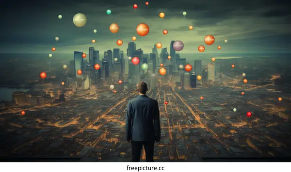 A businessman looking at a city with balloons in the sky