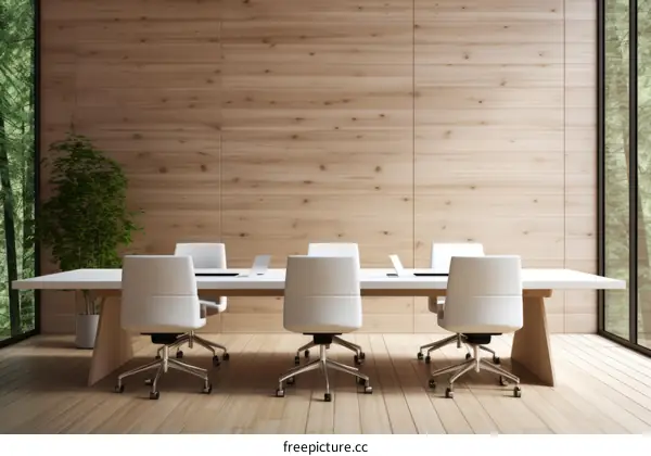 Modern Office Interior Design with Wooden Wall and Large Windows