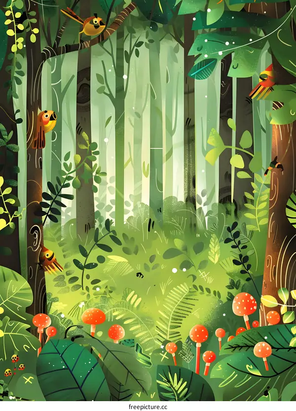 Colorful Birds In A Green Forest