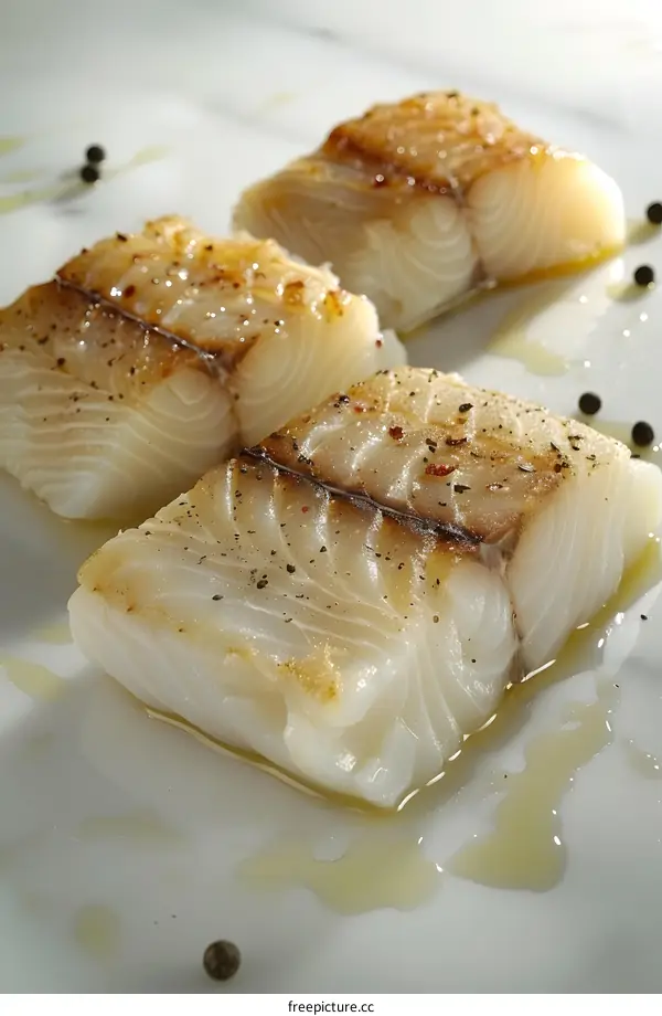 Grilled cod fish fillets with olive oil and peppercorns