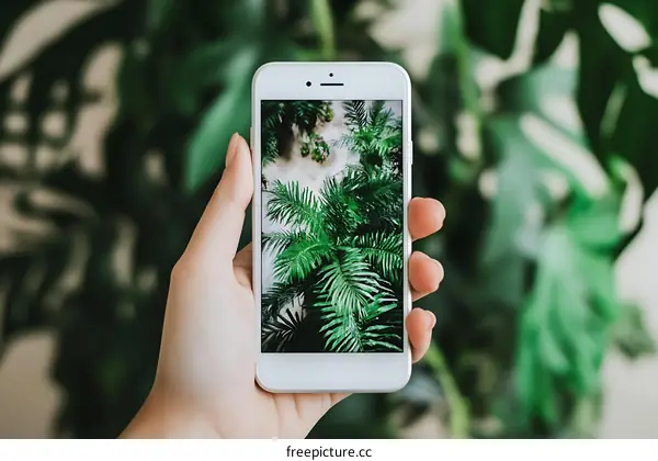 Hand Holding Phone with Green Plant Image