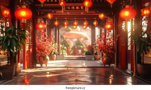 Chinese Traditional Architecture Interior Scene with Red Lanterns