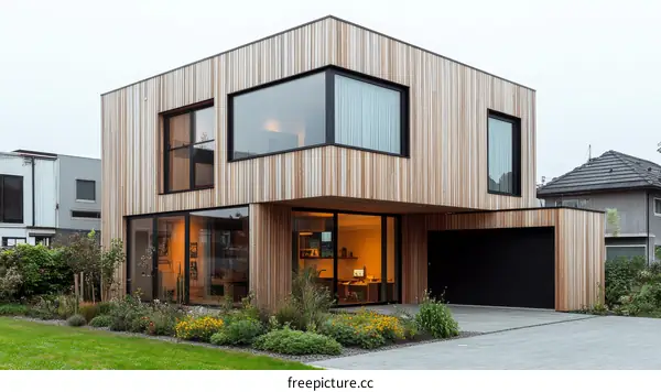 Modern Wooden House with Large Windows and Garage