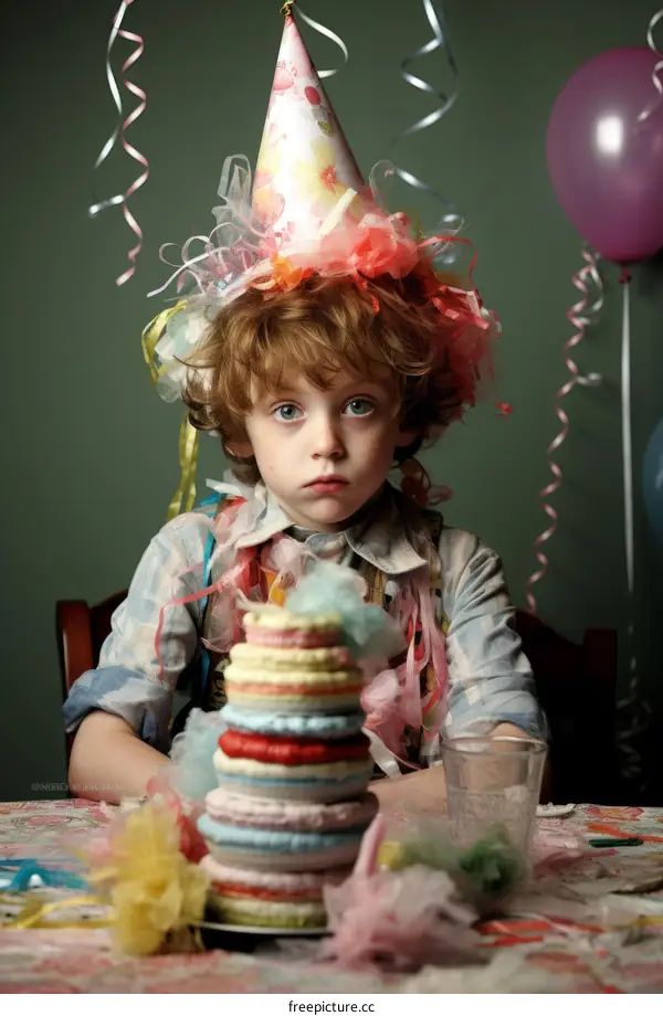 A boy wearing a birthday hat sits in front of a birthday cake