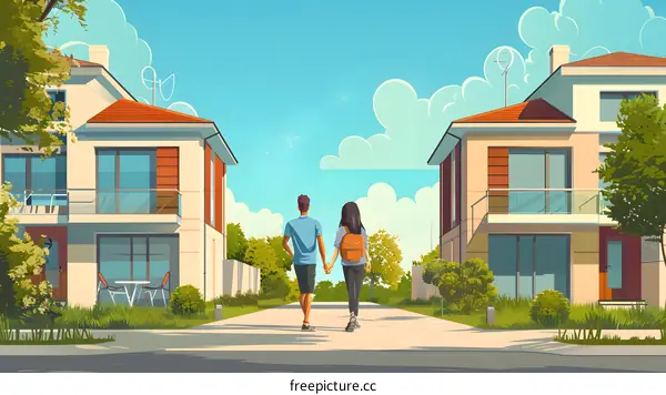 Couple Walking Down a Suburban Street