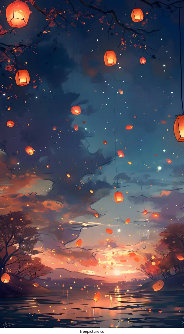Sky Filled With Red Chinese Lanterns Illustration