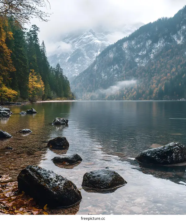 Mountain Lake With Fog and Rocks