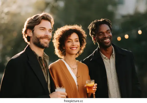 Three Diverse People Enjoying Outdoor Drinks