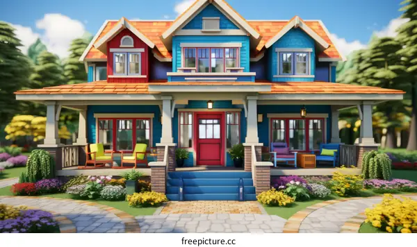 A colorful house with a red door and a blue roof