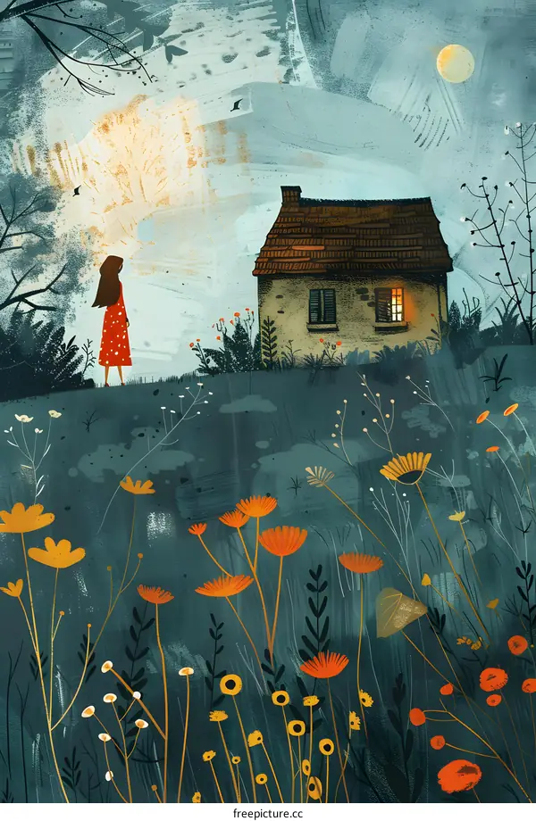 A Woman Standing in Front of a House and Looking at a Full Moon