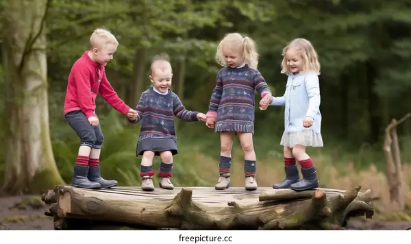 Four happy children are playing in the woods