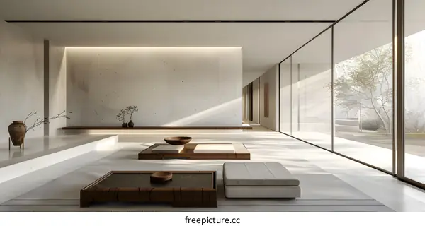 Minimalist Living Room Interior Design with Concrete Wall and Large Windows