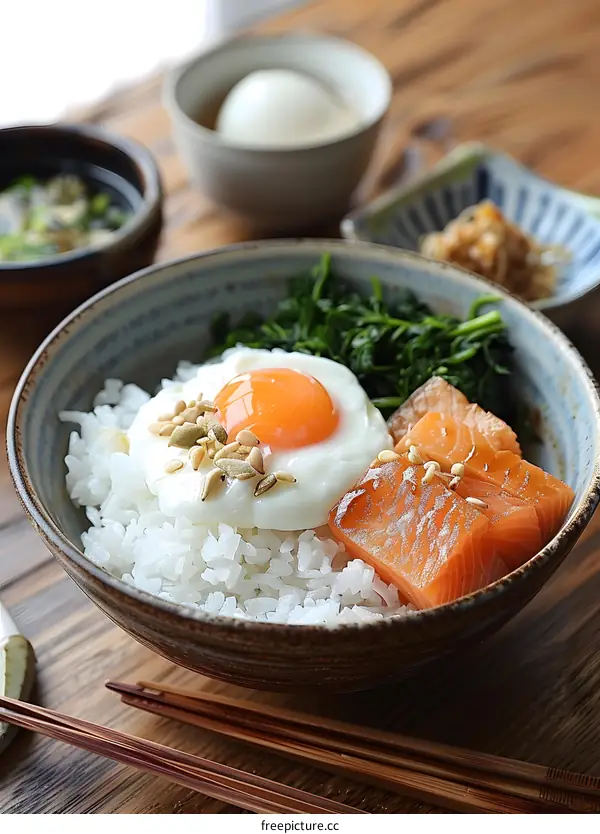 A delicious and healthy breakfast of rice, salmon, egg and spinach