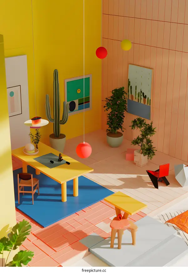 Minimalist 3D Interior Design With Yellow and Red Color Palette