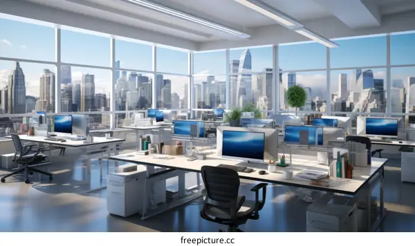 Modern office interior with large windows and city view