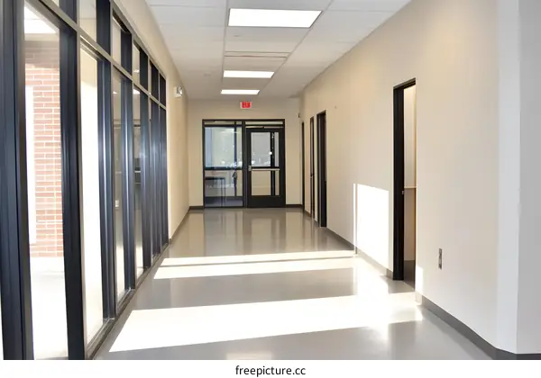 Empty Hallway With Windows and Doors