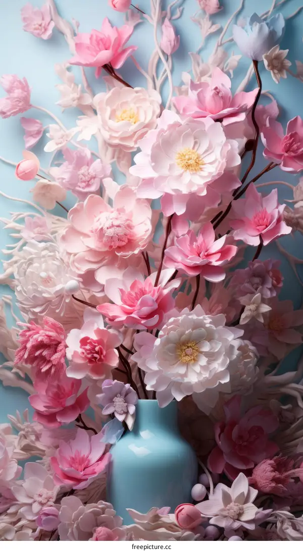 Pink and white flowers in a blue vase