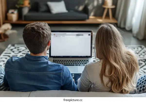 Couple Relaxing and Working on Laptop at Home