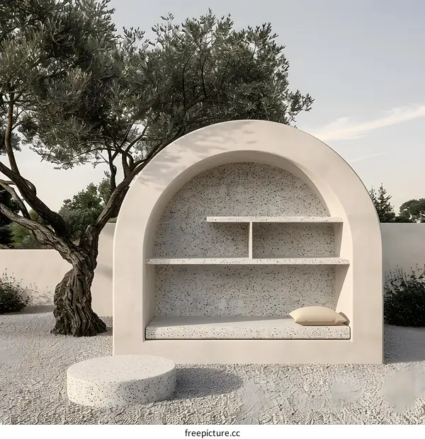 Modern Minimalist Outdoor Seating Area with Stone Bench and Shelving