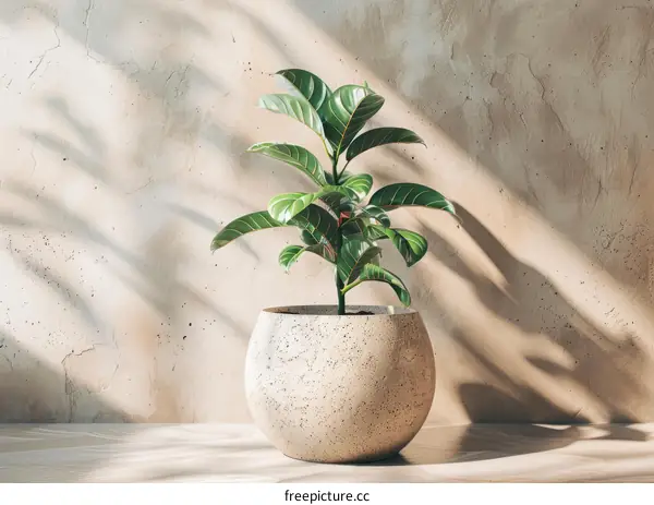 Potted Fiddle Leaf Fig Plant with Sunlight and Shadows