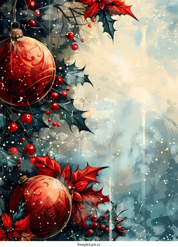 Christmas background with red balls and poinsettias