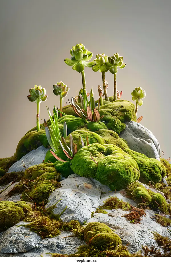 Green Mossy Landscape with Succulents