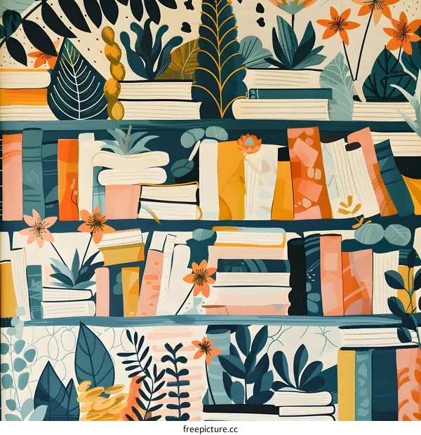 Colorful Illustration of Bookshelves with Books and Plants