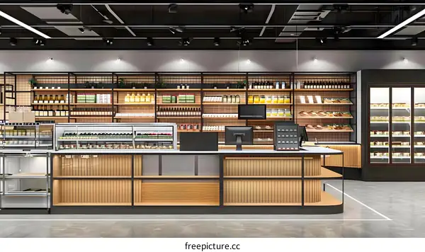 Modern Grocery Store Interior Design with Wooden Shelves and Counter