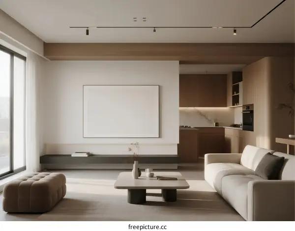 Modern minimalist living room with clean lines and neutral tones