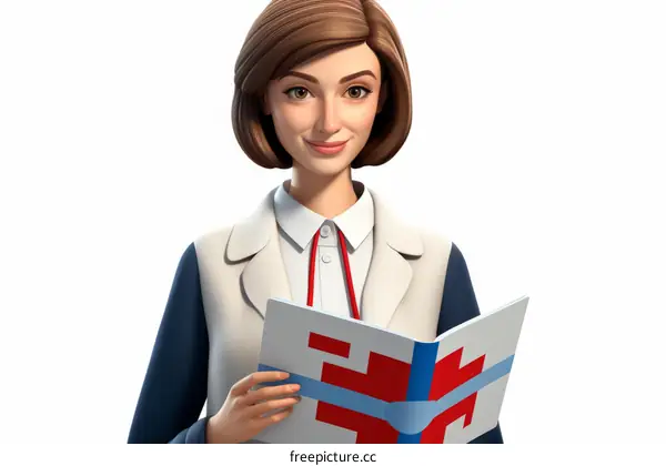 A smiling young woman in a white lab coat is holding a book.