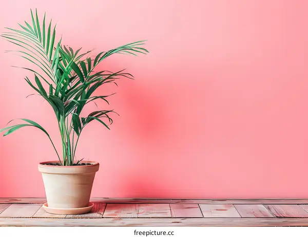 Green Plant in a Brown Pot on a Wooden Table With a Pink Background