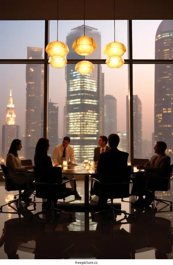 A group of business people are having a meeting in a modern office with a view of the city.