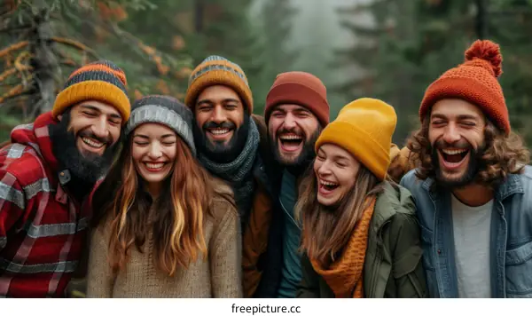 Group of diverse friends laughing together in the woods