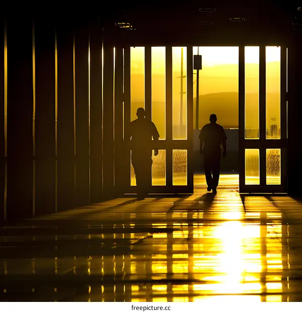 Two Silhouettes Walking Through Doors at Sunset
