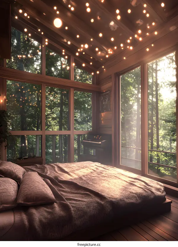 Cozy Cabin Bedroom with Forest View and String Lights