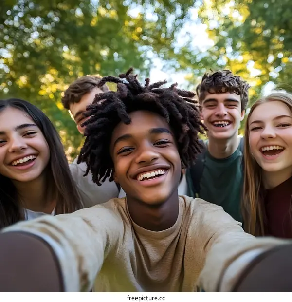Group of Diverse Teenagers Smiling for Selfie in Park