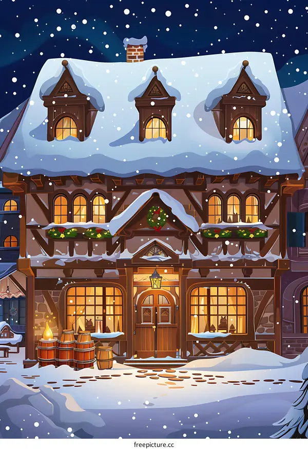 Cozy Snowy Cottage House In Winter Night