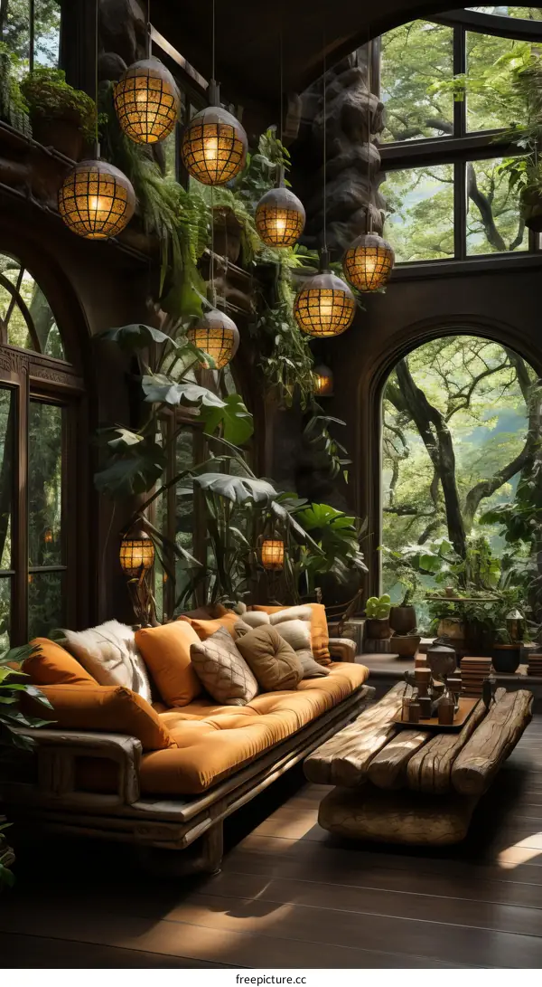 A stunning living room with a lush indoor garden