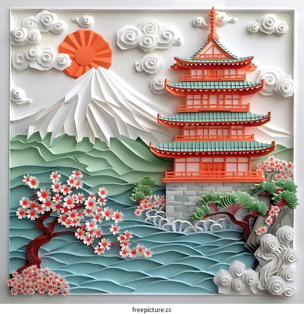Papercraft Japanese Landscape with Pagoda